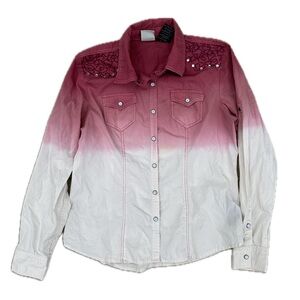 Harley Davidson pink/white ombré long sleeve snap up blouse
